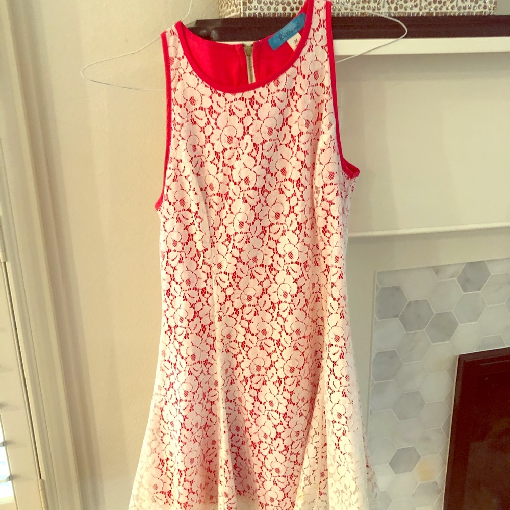 Summer white flowers lace/coral red lined dress